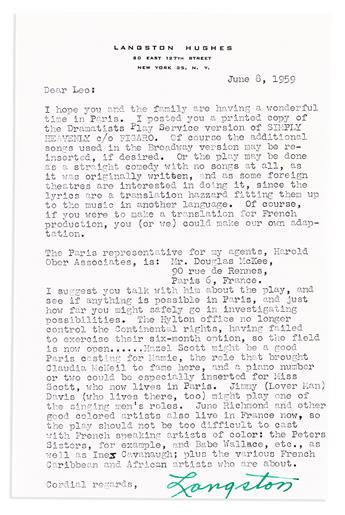 HUGHES, LANGSTON. Small archive of 4 items, each Signed, Langston, to Léo Sauvage, in green ink: Typed Letter * Two Autograph Notes *